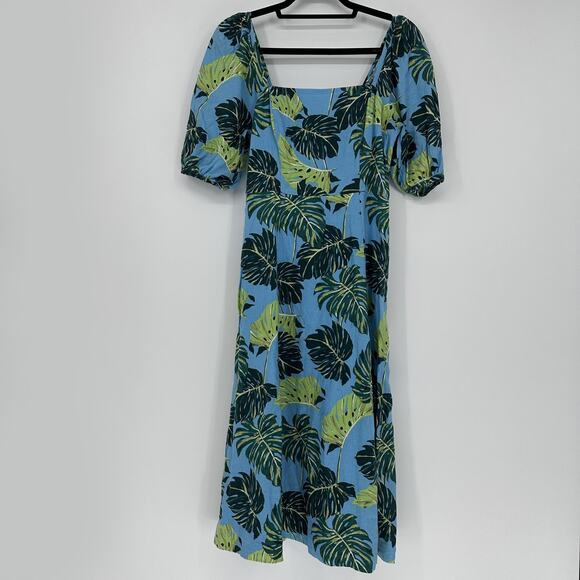 Draper James Dresses & Skirts - Draper James Dress Womens 4 Blue Green Leaf Linen Puff Sleeve Midi Fit Flare